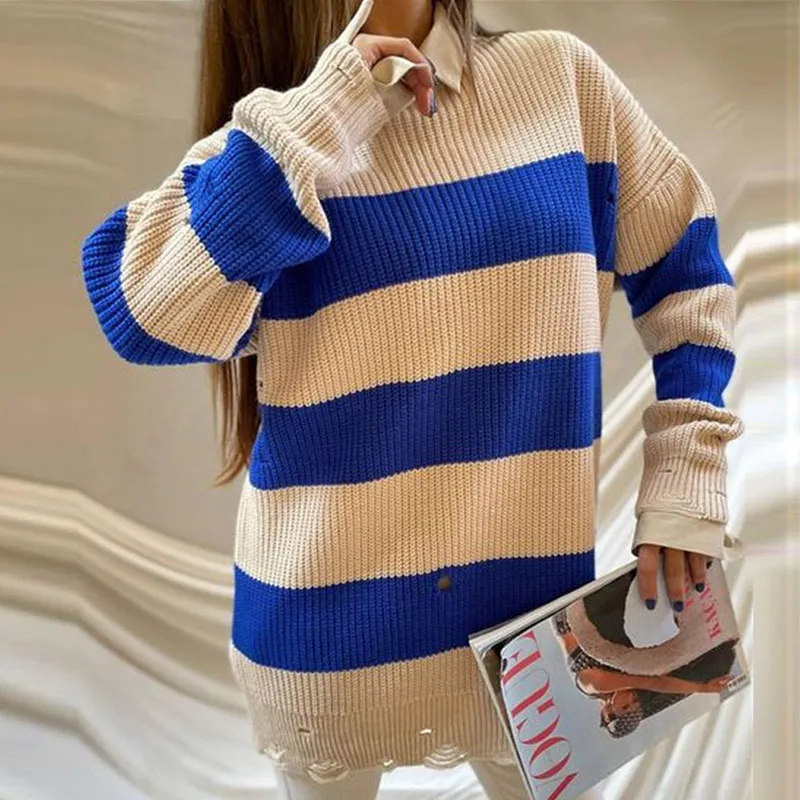 Women Solid Turtleneck Side Split Knitted Sweater Female Oversized Ribbed Pullovers Fashion Ripped Tassel Loose Sweater Jumpers