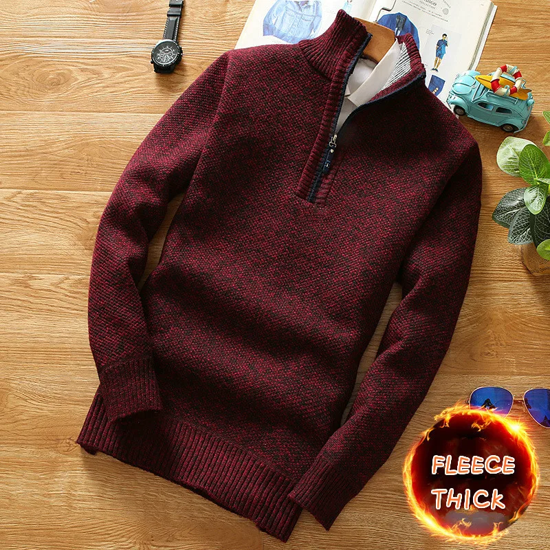 

2023 Autumn Winter Mens Fleece Thicker Sweater Men Half Zipper Turtleneck Warm Pullover Male Slim Knitted Wool Sweaters