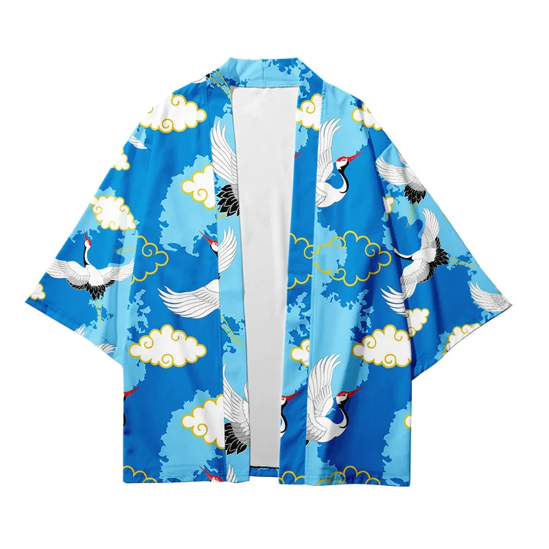 Fashion Blue Harajuku Japanese Style Samurai Kimono Men Women Cardigan Blouse Haori Obi Asian Clothes Plus Size XXS-4XL