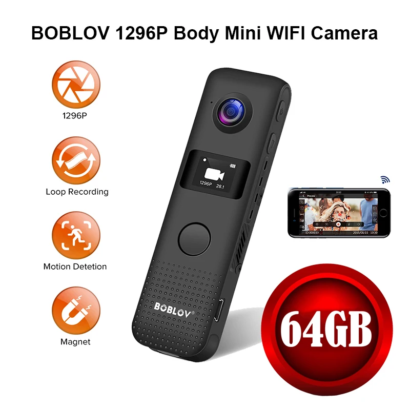 

BOBLOV Mini Camera WIFI Motion Detect 64G HD 1296P Professional BodyCam Micro Magnet Camcorder Loop Recording DVR Cam