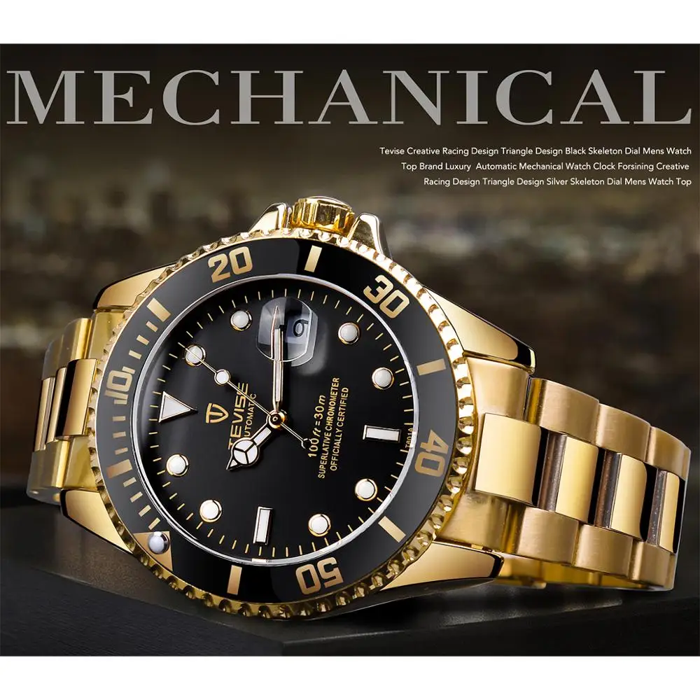 TEVISE Luxury Calendar Gold Waterproof Stainless Steel Men Automatic Mechanical Business Fashion Wrist Watch Luminous Date Clock