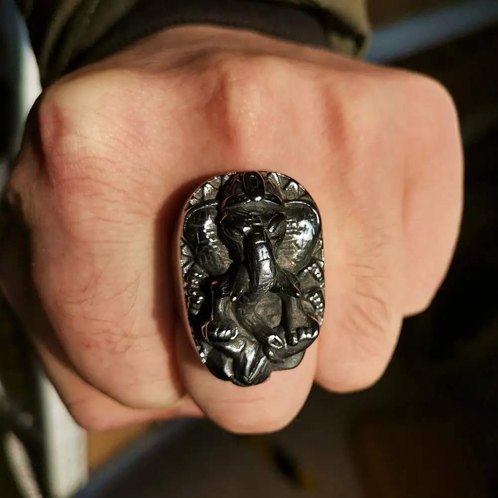 EYHIMD Classic Wisdom Luck Elephant God Ganesha Ring Mens Stainless Steel Amulet Ring Punk Biker Jewelry