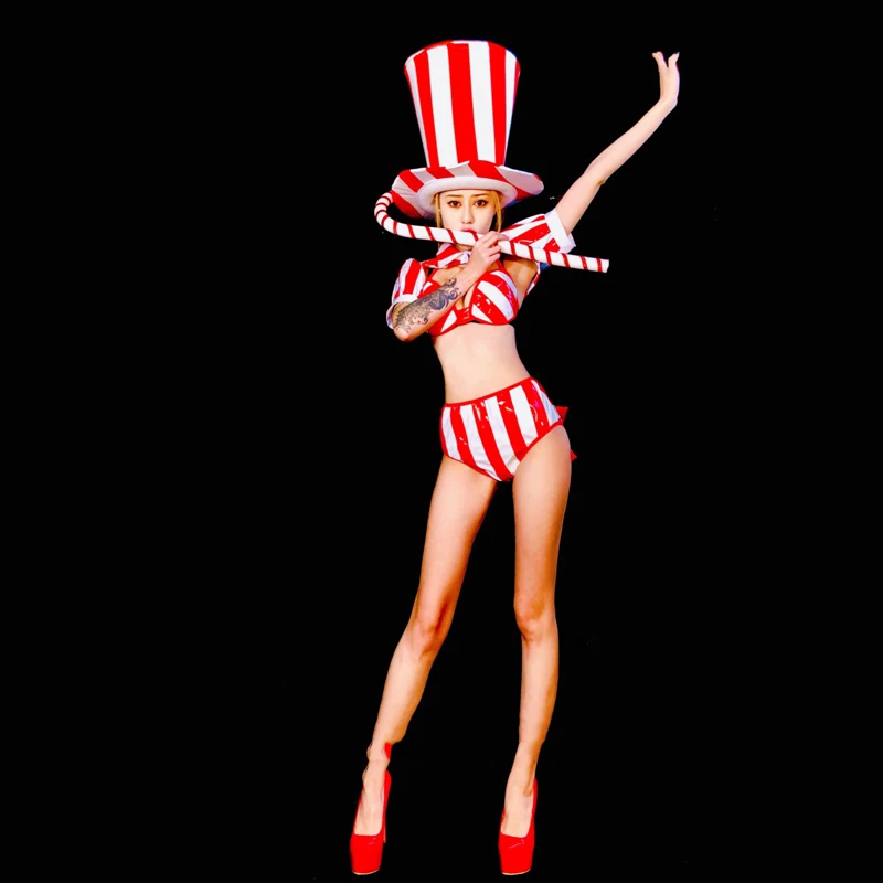 New Red And White Bikini Suit Magic Hat For Female Singer Nightclub Christmas Party Costumes Jazz/Pole Dancing Clothes DWY5060