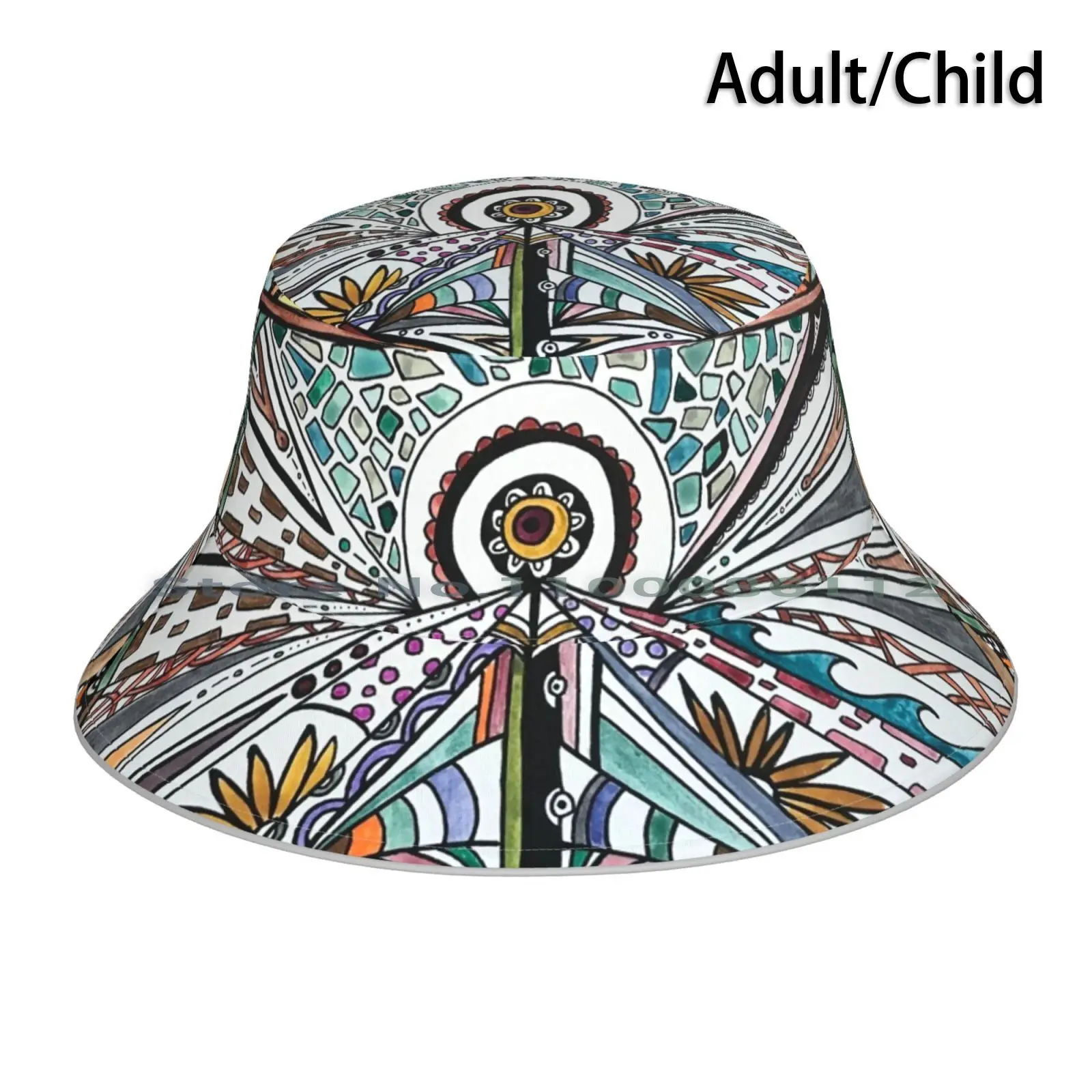 Sandalphon Bucket Hat Sun Cap Original Art Freehand Watercolor Bright Colors Sun Sky Nature Zen Flowers Ray Colorful Splash