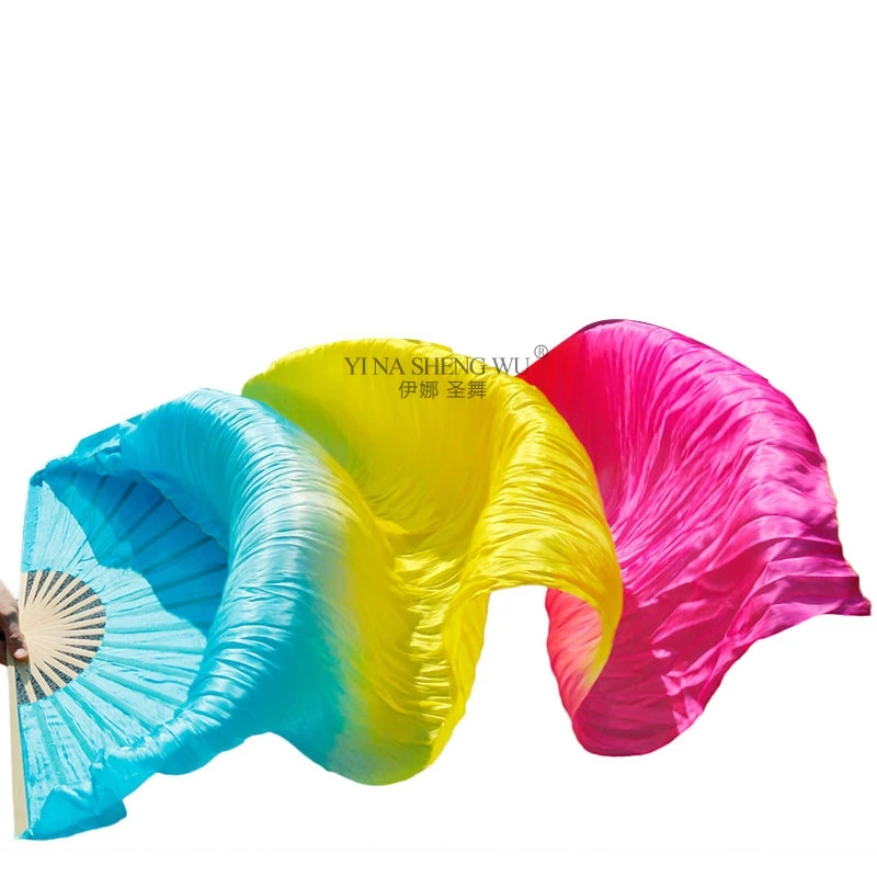 Colorido Imitação De Seda Fan para Performance De Dança Do Ventre, Mão Tingida, Longo, Artesanal, Direito, Adulto, Crianças, 1 Pc