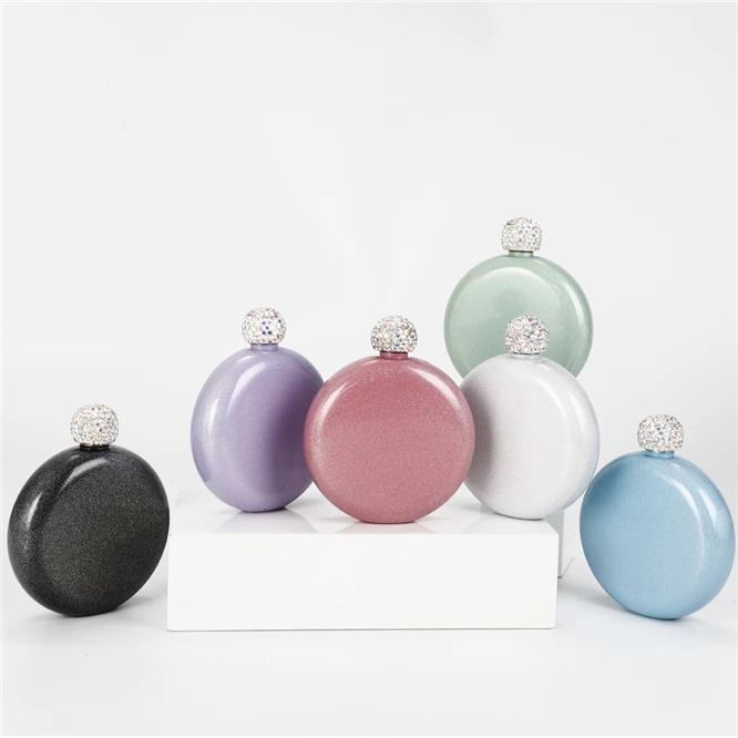 

2PCS 304 stainless steel Portable Mini Round hip flask Wine kettle Diamond Crystal Cover flagon for Ladies Exquisite gift