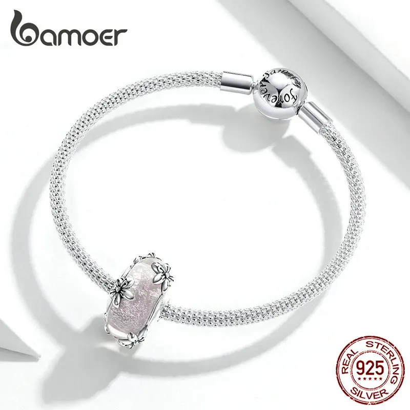 bamoer Vintage Flower Handmade Murano Beads for Women Origianl Silver Bracelet Glass Charm 925 Sterling Silver Jewelry SCC1302
