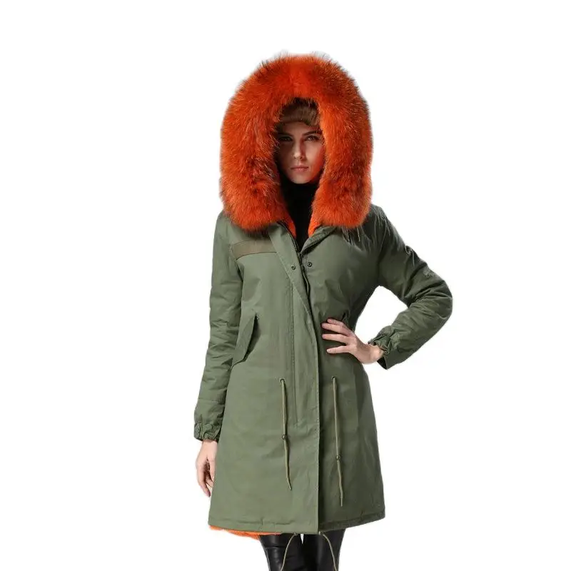 Beautiful Orange Fashion Cheap Bright Orange Long Style Winter Raccoon Fur Coat Mr& Mrs Long Style Fur Jacket For Wholesale