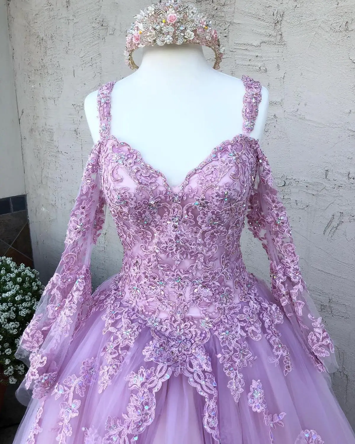 أرجواني تول vestidos دي 15 أنوس 2019 طويل الأكمام منتفخ الدانتيل يزين Quinceanera اللباس الأشرطة الحلو 15 اللباس طويل الحفلة الراقصة