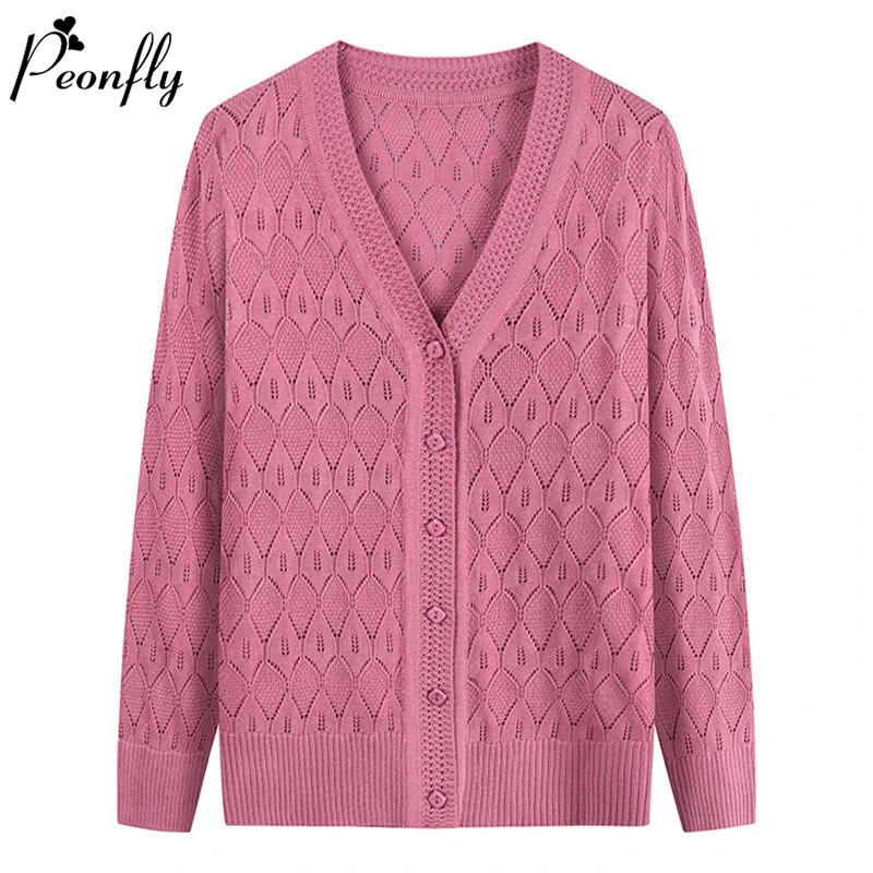 PEONFLY Fashion Solid Color Women Knitted Cardigan Coat Autumn Winter 2022 Casual V Neck Long Sleeve Crochet Knitwear Clothes