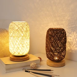 Lumières de boule de ficelle de rotin de base en bois, lampe de table, décor à la maison, salon, chambre à coucher, chevet, lampe de bureau, veilleuse, prise USB et UE