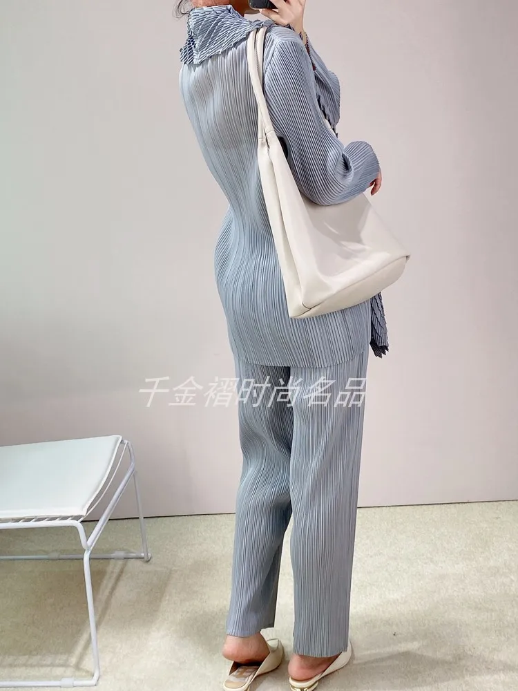 HOT SELLING Miyake fold  turndown collar long sleeve coat +Straight leg trousers solid two-piece set IN STOCK