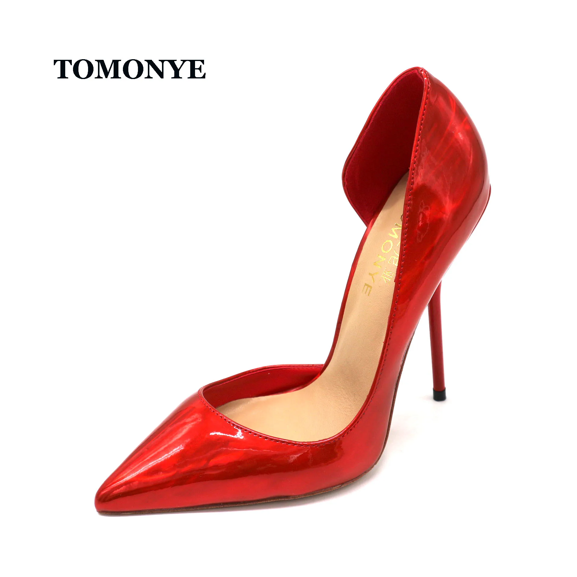 TOMONYE electro optic red patent pointed toe open inside night club sexy party evening women and men 12cm strange high heel shoe