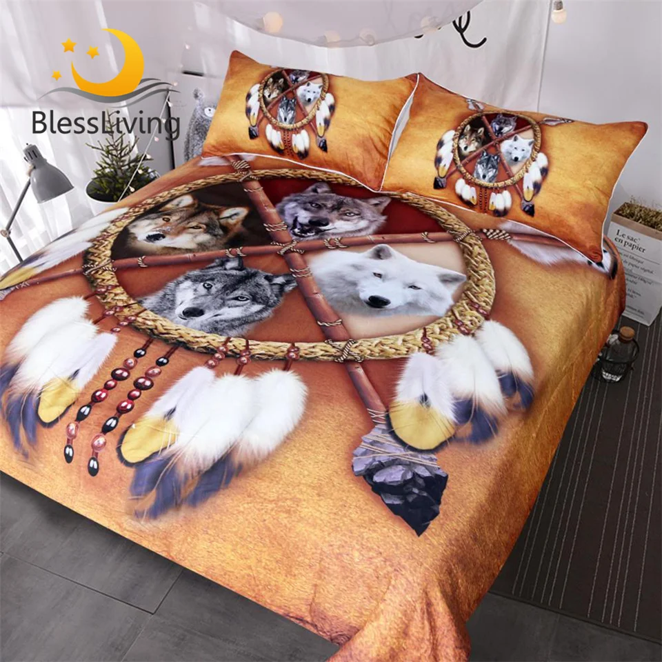 

BlessLiving Wolves Bedding Set Queen Dreamcatcher Wolf Duvet Cover Wild Animal Bedclothes 3D Print Tribal Bedspreads Drop Ship