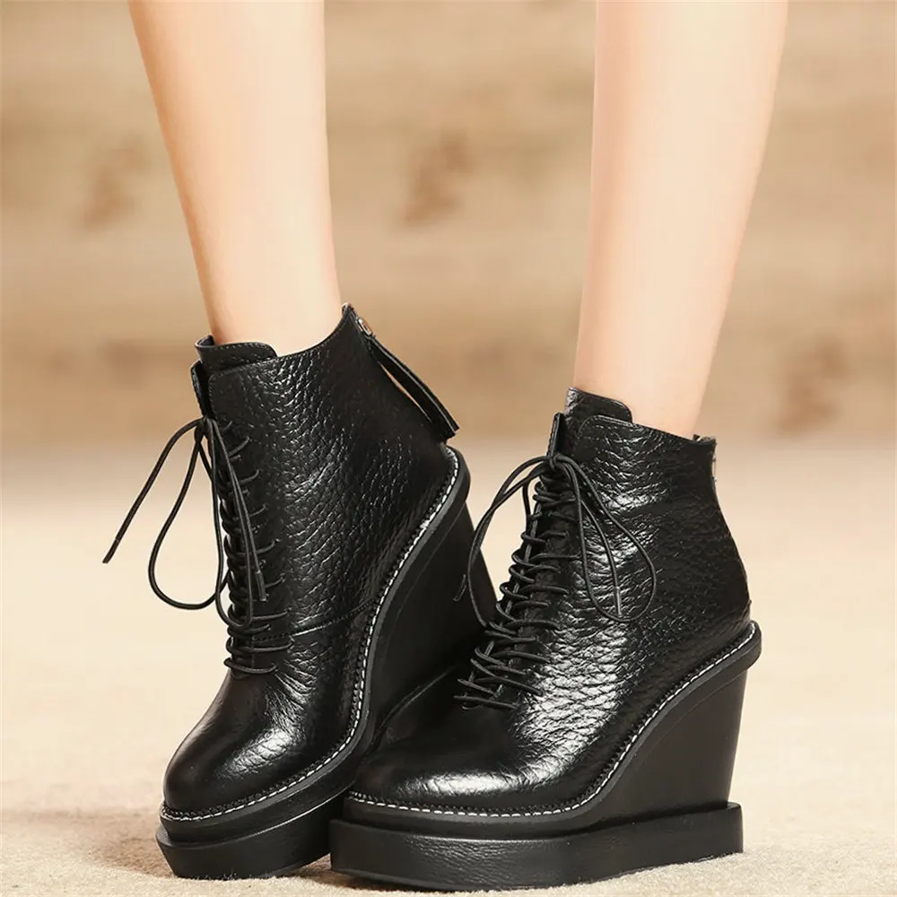 

Platform Pumps Shoes Women Lace Up Genuine Leather Wedges High Heel Motorcycle Boots Female High Top Round Toe Fashion Sneakers