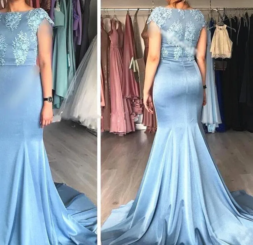 Light Sky Blue Mother of the Bride Dress Lace Cap Sleeve Modest Long Mermaid Evening Prom Gowns Customized Wedding Guest Dresses