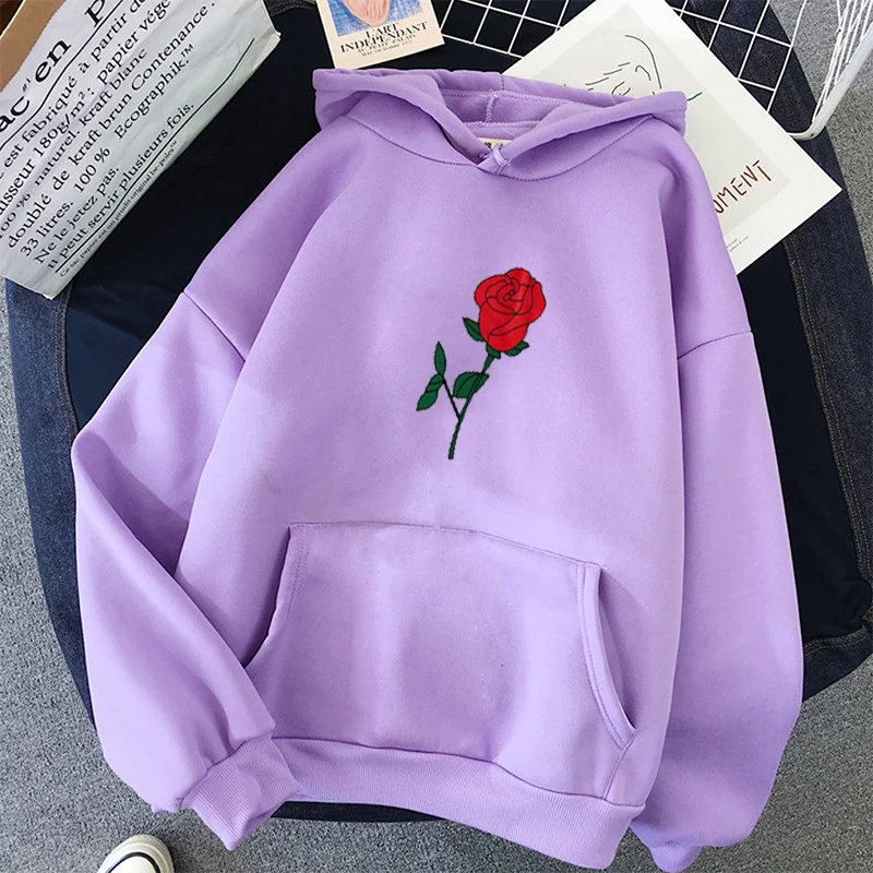 Hoodie Wanita Cetak Mawar Merah Atasan Pakaian Wanita Bertudung Lengan Panjang Print Longgar Harajuku Kaus Wanita Gaya Korea