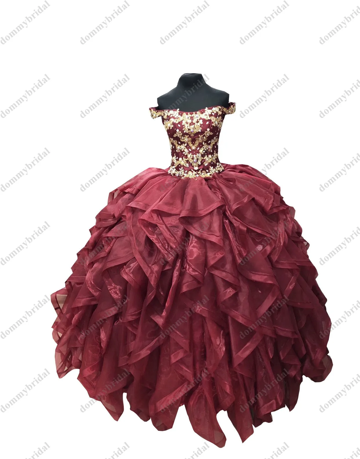 Gorgeous Off the shoulder Burgundy and Gold Lace Embroidered Ball Gown Quinceanera Formal Graduation Dresses Mexican Charro