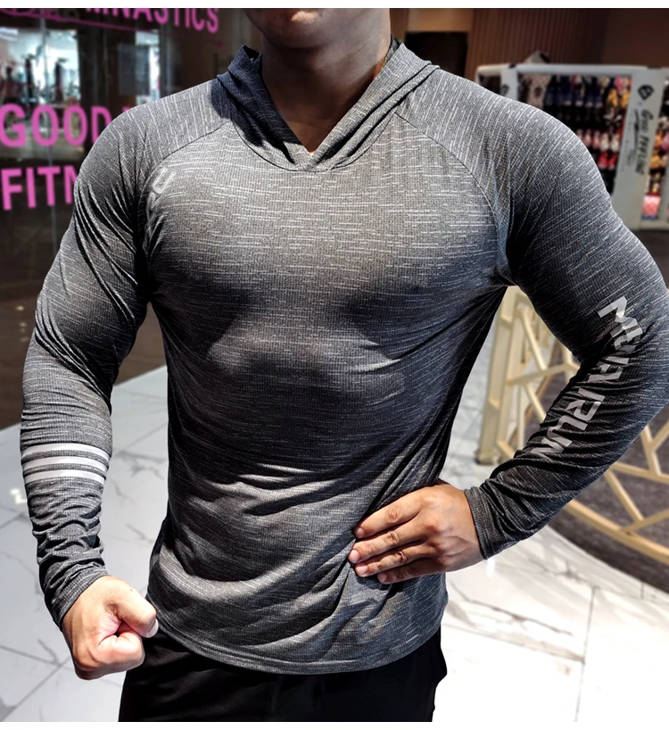 

Autumn winter Gym Men T Shirt Casual Long Sleeve Slim Tops Tees elastic tight T-shirt Sports Fitness comfort Quick dry Hooded