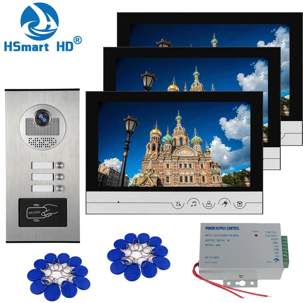 Kit de interfono de 9 pulgadas para el hogar, timbre para puerta, tarjeta inductiva, cámara con 2/3 monitores, sistemas de intercomunicación