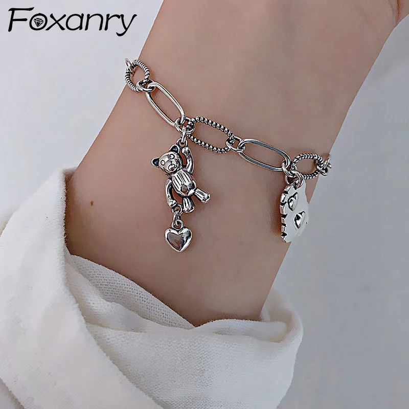 Foxanry Stamp Bracelet New Fashion Vintage Punk Bear LOVE Heart Pendant Thai Silver Party Jewelry Gifts