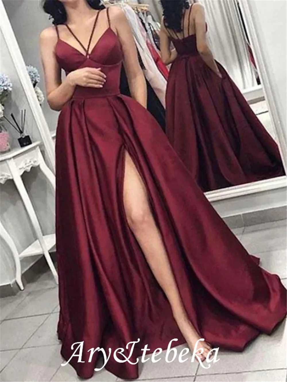 Linha a minimalista sexy casamento convidado formal vestido de noite com decote em v sem mangas até o chão cetim com split 2021