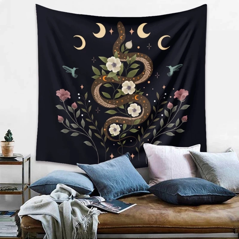 Psychedelic Snake Tapestry Moon Phase Change Flower Tapestry Wall Hanging Fabric Hippie Background Wall Cover  Carpet Home Deco