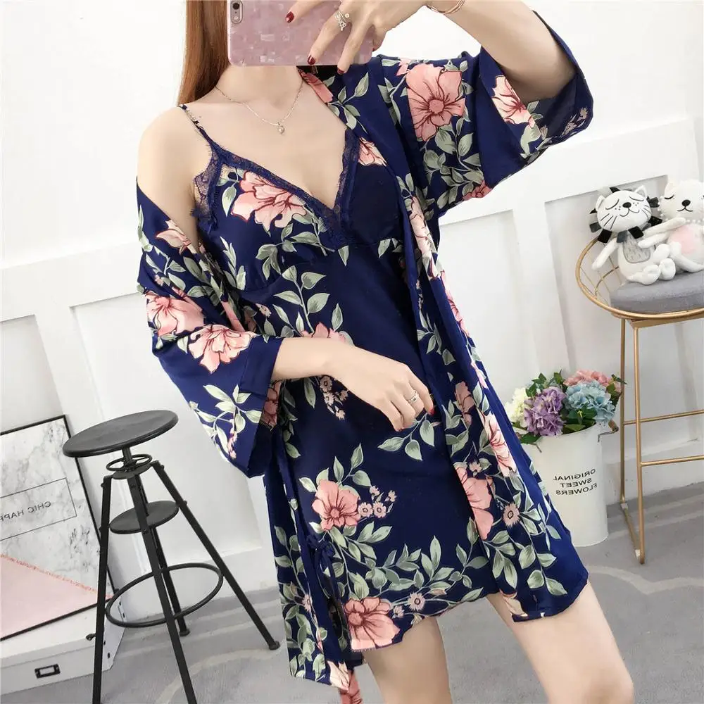 

KISBINI Sexy Sleepwear For Women Summer Imitation Silk Flower Print Lace Robe Nightdress Lady Women's Robe Set