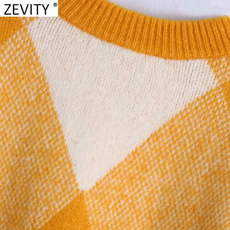 Zevity New Women Vintage O Neck Color Match Geometric Casual Knitting Sweater Female Chic Basic Long Sleeve Pullovers Tops SW913