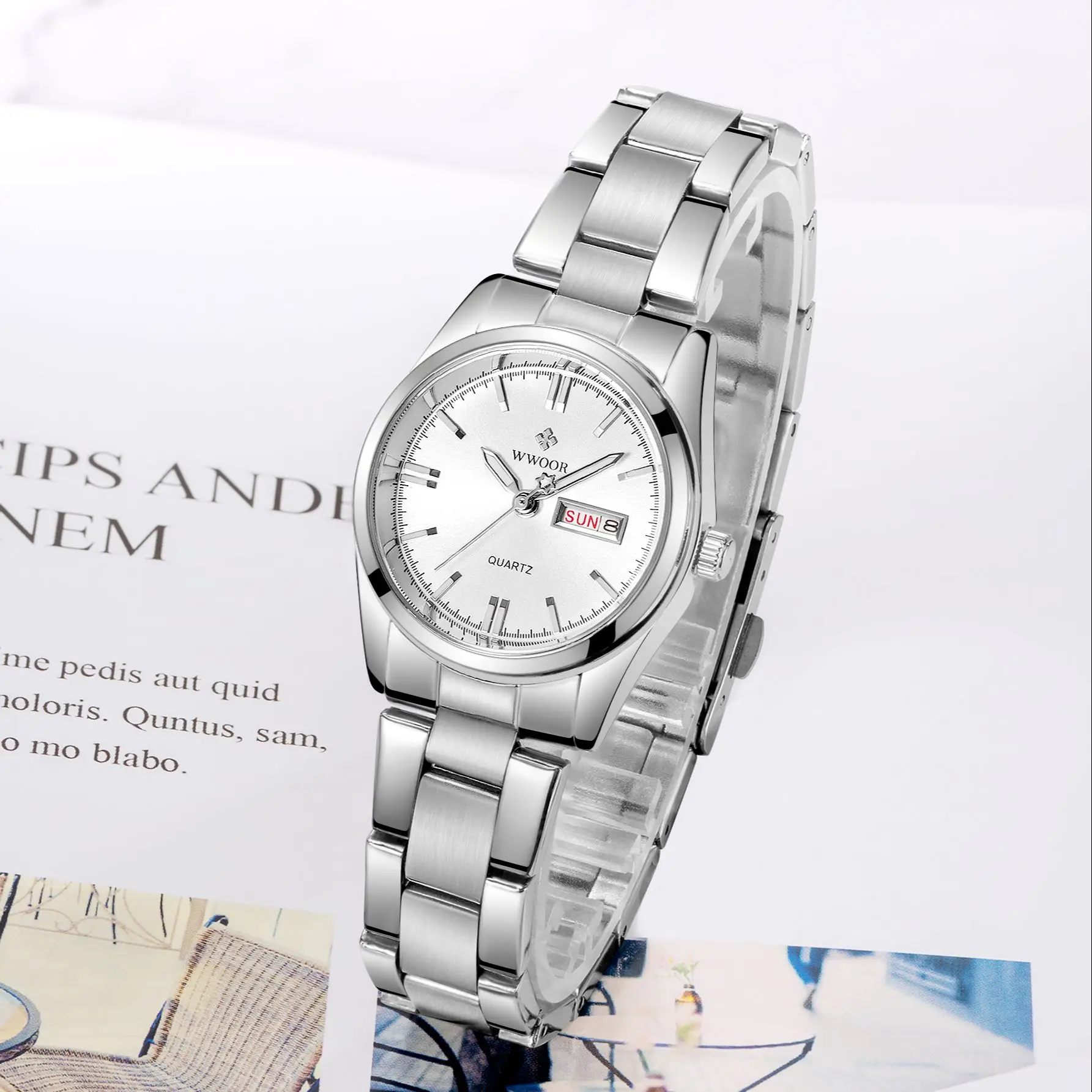 WWOOR-relojes de cuarzo de lujo para mujer, pulsera de acero inoxidable con fecha, resistente al agua, regalo para novia
