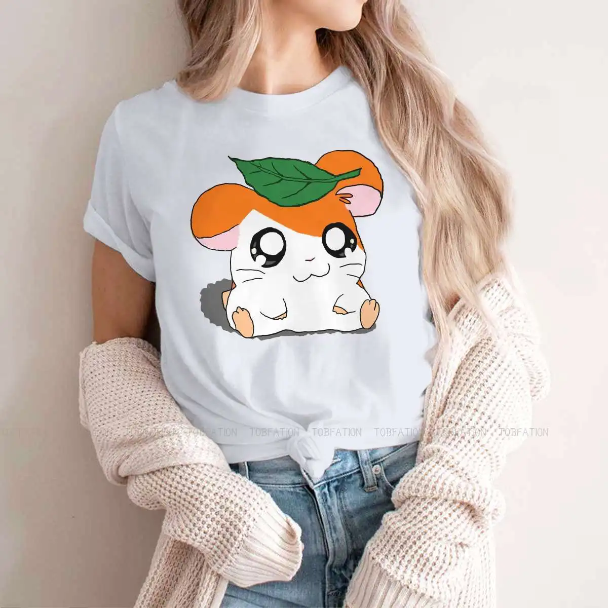 Hamtaro with Leaf  Women Clothing Kawaii Hamster Graphic Print Female Tshirts Vintage Gothic Loose Tops Kawaii Girls Streetwear