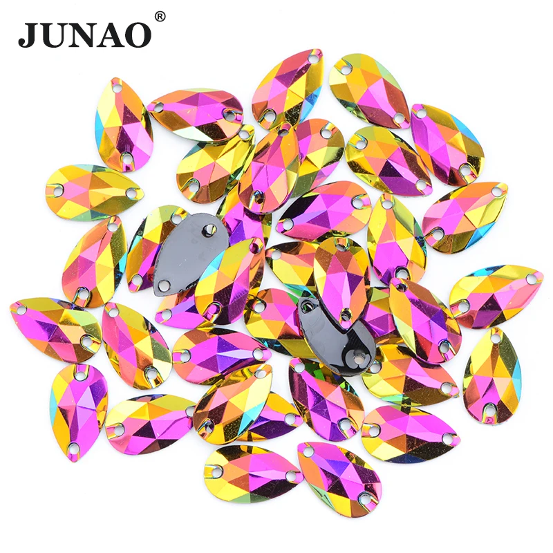 JUNAO 7*12mm High Quality Sewing Teardrop Rose Gold AB Rhinestones Flatback Sew On Resin Crystals Stones for Needlework