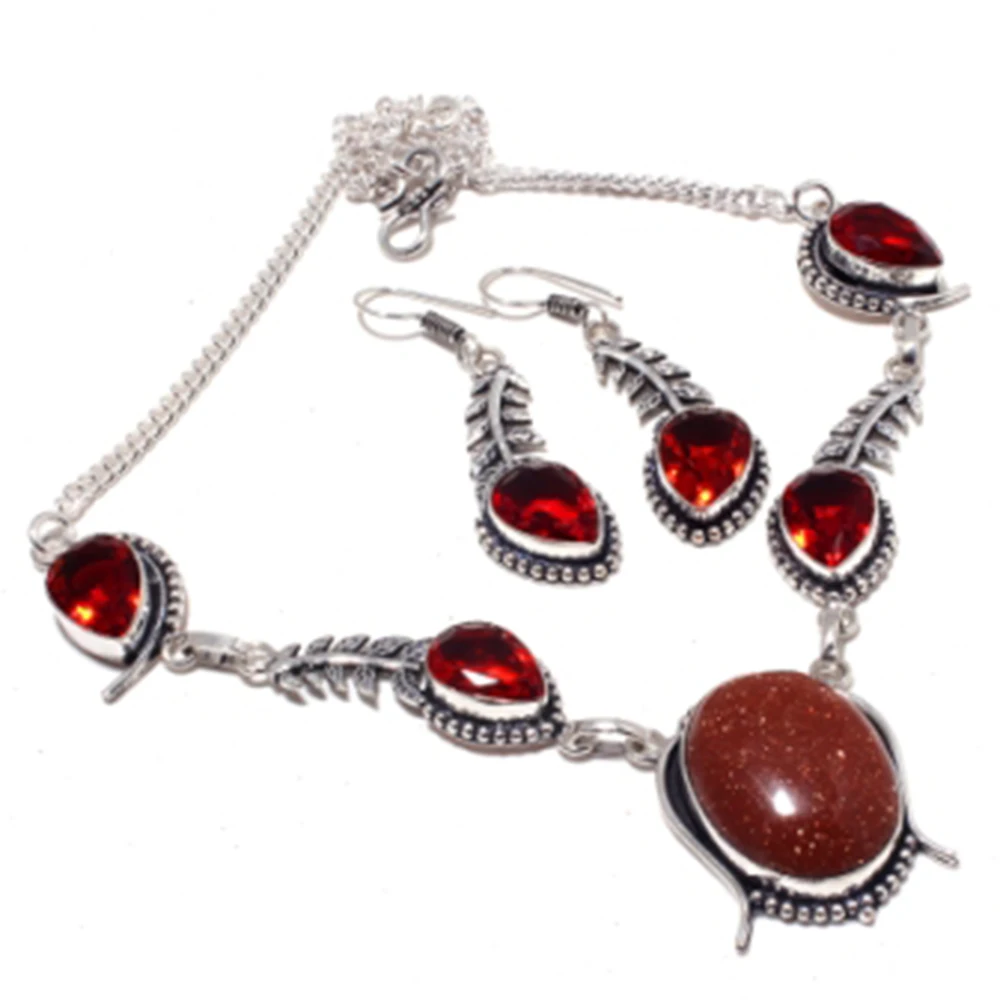 

Sun Stone,Garnets Necklace + Jewelry Set Silver Overlay over Copper , 48.6 cm, N4354