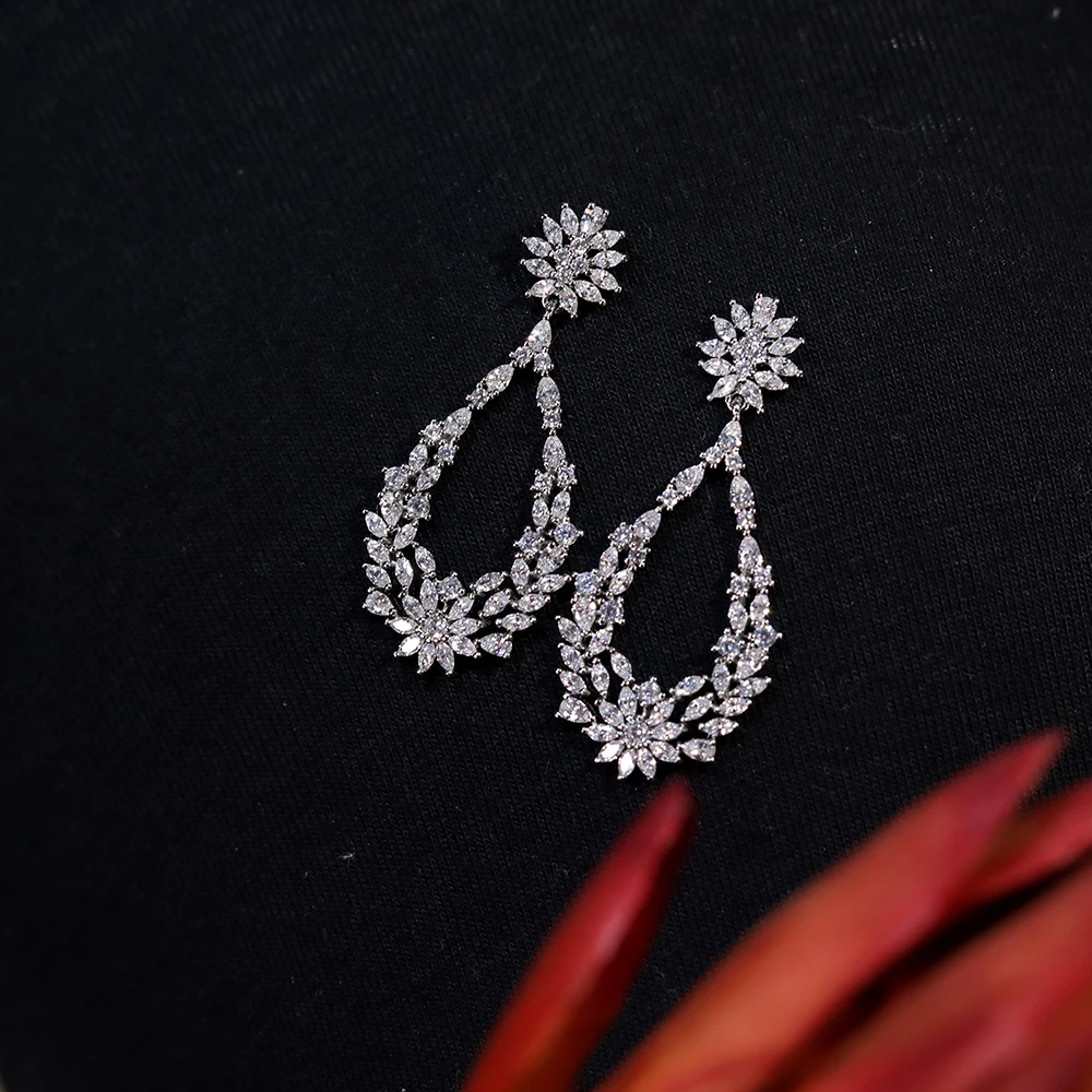 Fashion Marquise Zirconia Wedding Long Drop Earrings for Women Party Silver Color Flower Dangle Earrings Party Jewelry E0059