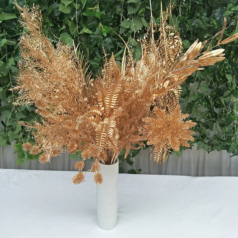 Gold Series Simulation Plants Wholesale Simulation Bouquet Fake Flowers Misty Maple Leaf Phoenix Tail Wedding Decoration Display