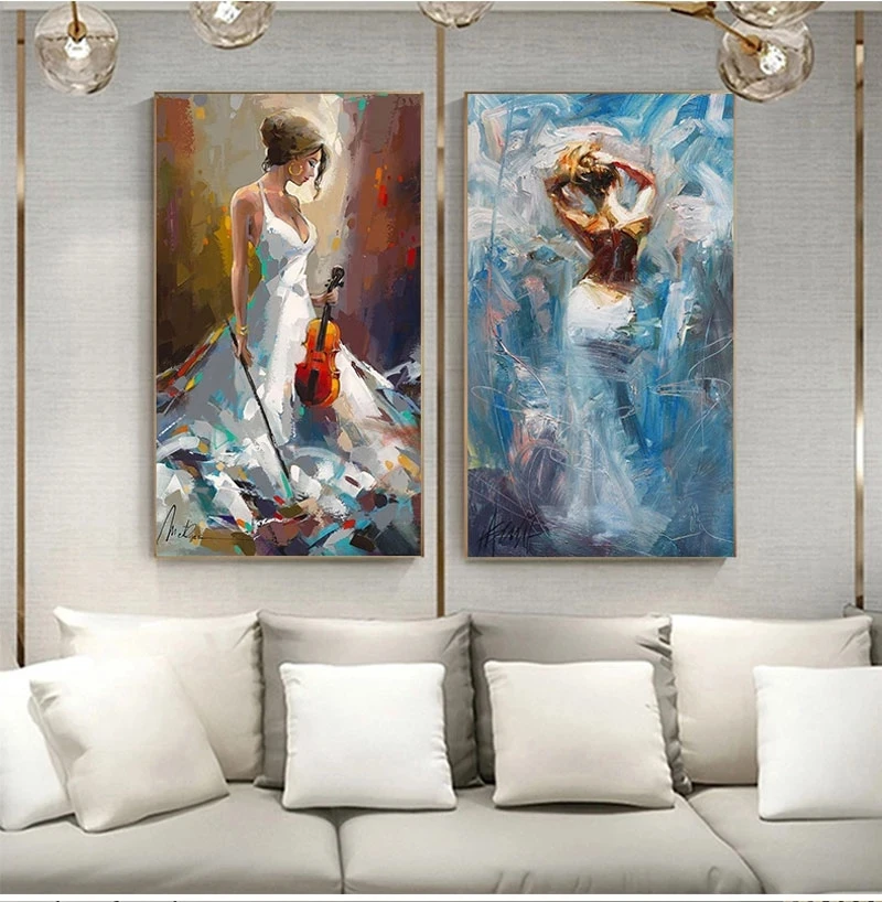 

Abstract Wall Art Elegant Girl Play Violin and Dancing Canvas Poster Oil Painting Modern Livingroom Home Decor Figure Painting