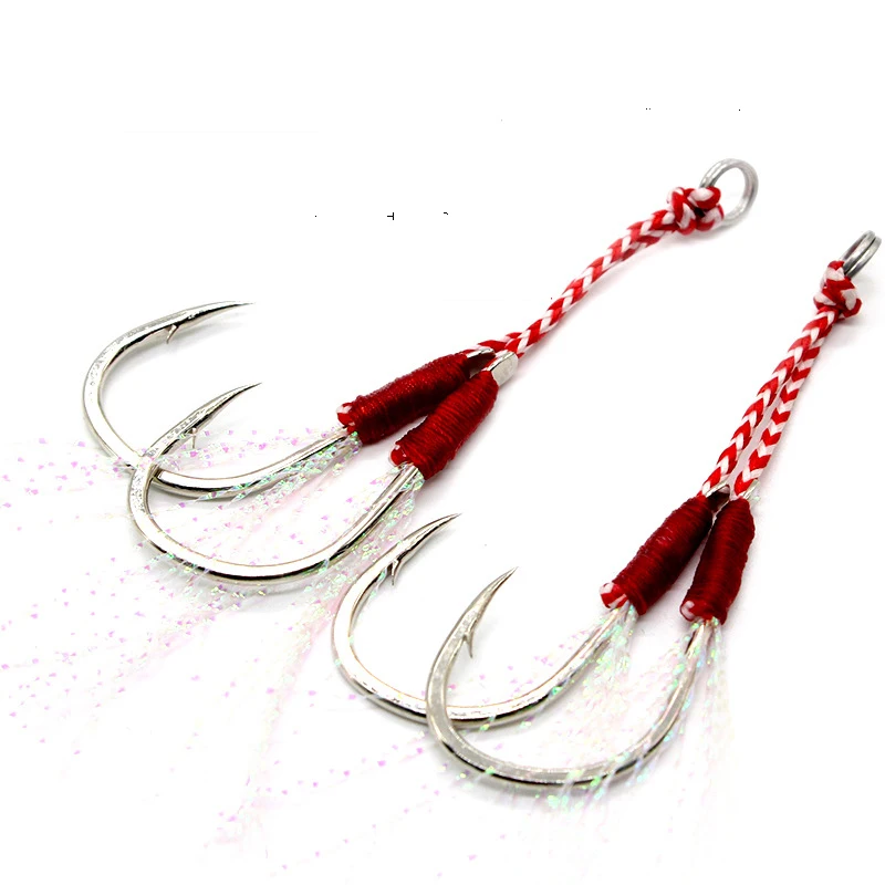 200pcs Assist Blood trough Groove Hook Fishing Lure Slow Jigging Fishing Cast Jig Barbed Double Jig Hooks Thread Feather Pesca