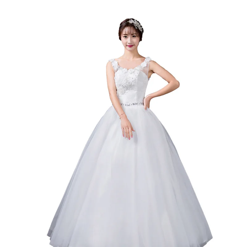 DM-0582 # Robe De Mariée Perceuse En Résine Robe De Bal Blanche Cou De Bateau Pas Cher En Gros Ornements De Fleurs V-cou Dentelle ettes Plus La Taille