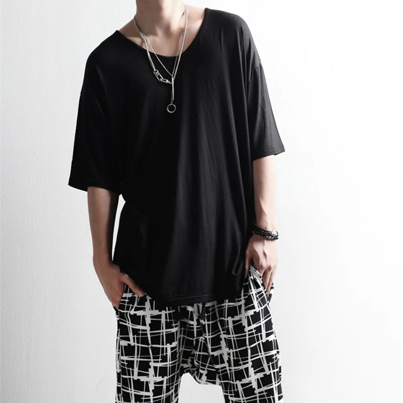 Korean fashion men summer loose loose jacket half-sleeve v-neck short-sleeved t-shirt fashion t-casual  brand hip-hop ha