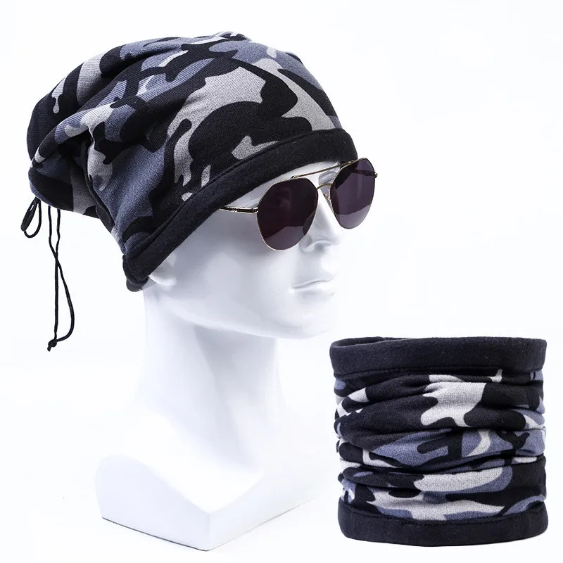 Fashion Men Autumn Winter Skullies Beanies Cap Hat Male Print Snood Scarf Multifunction Warm Cap Hat For Men