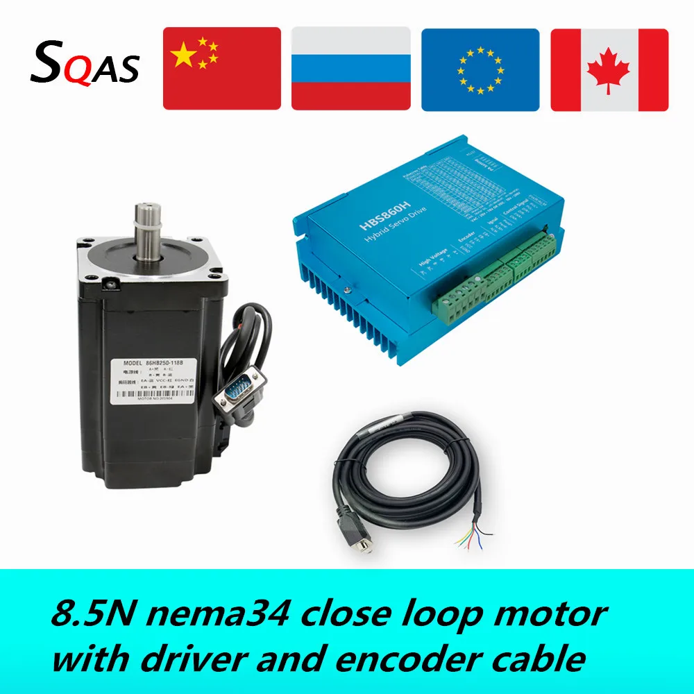 

Eu warehouse 8.5N 118mm Nema34 close loop servo motor 86HB250-118 DC motor +HBS860H/HBS86H 2-phase driver +encoder cable for CNC