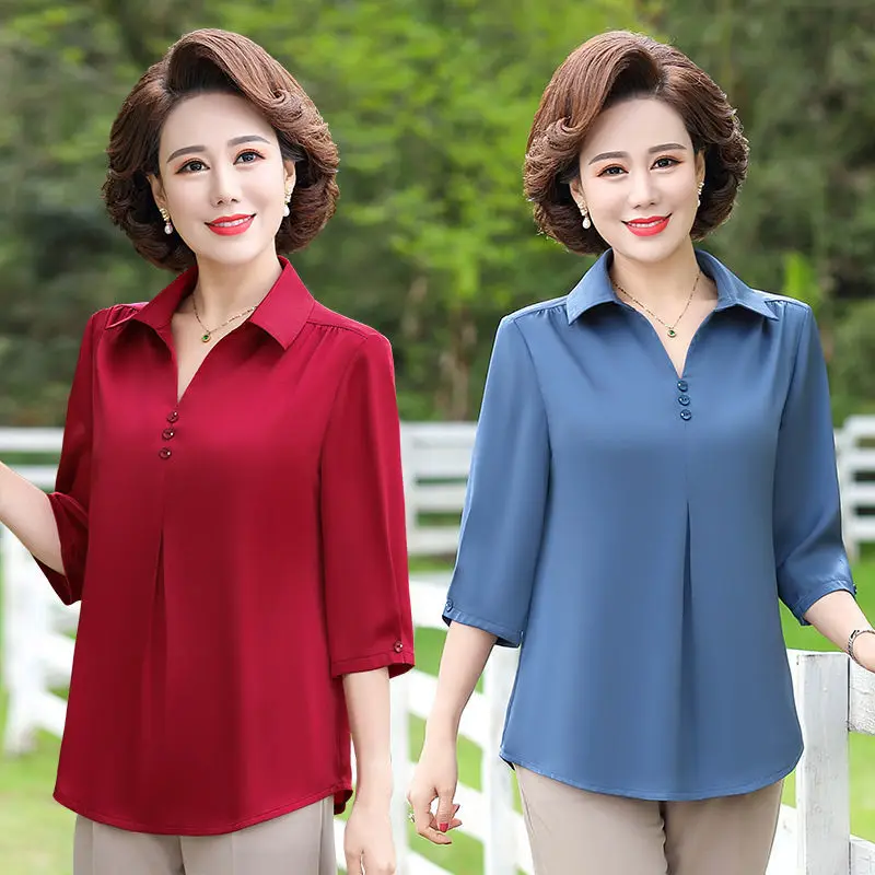 Elegant solid Chiffon shirt Women Fashion casual puls size 7XL Three Quarter blue tops ladies 2021 new summer loose Mom blouse