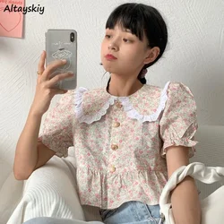 Shirts Women Preppy Style Lace Patchwork Casual All-match Popular Summer Peter Pan Collar Chic Crops Students Korean Retro Tops