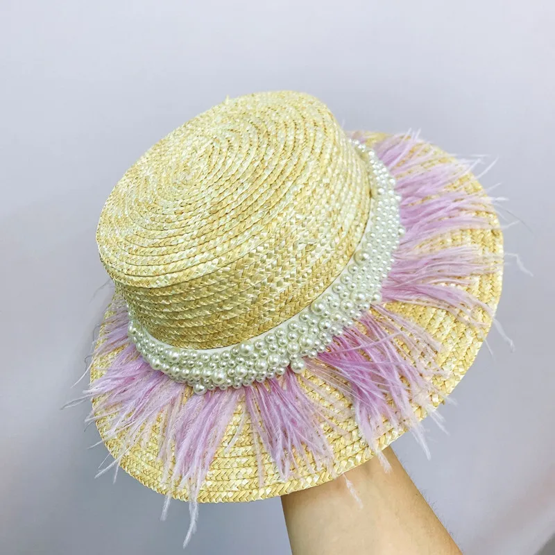 Wide Brim Straw Hat Leather Pearl Decoration Flat Top Summer Hat for Women Fashion Beach Hat Jazz Panama Hat Kentucky Derby Hat