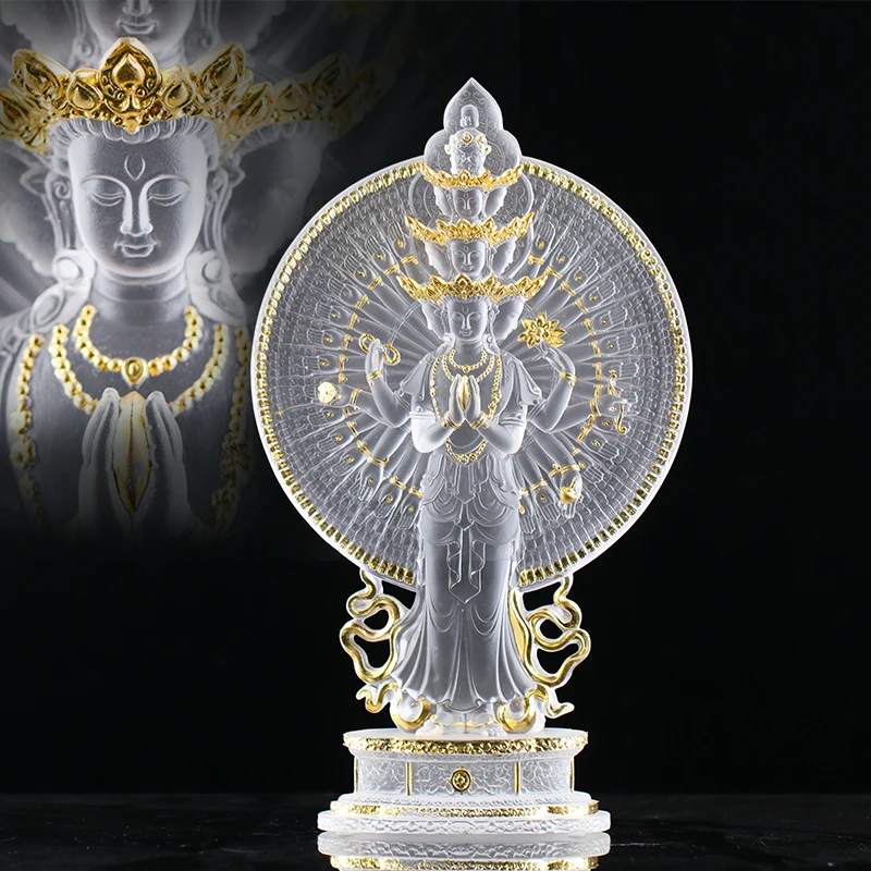 High End Thousand-hand Bodhisattva Color Glazed Gold Plated Guanyin Buddha Statue Sculpture Crystal Home Protection Decoration