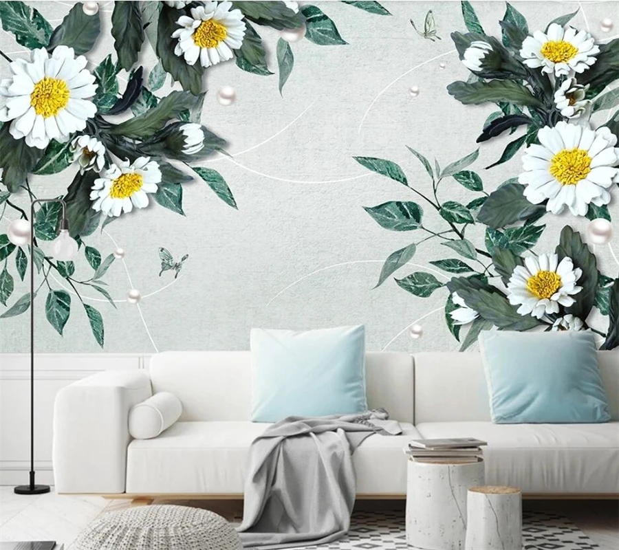 wellyu Custom large wall painter with chrysanthemum European jewelry flowers light luxury TV sofa background wall