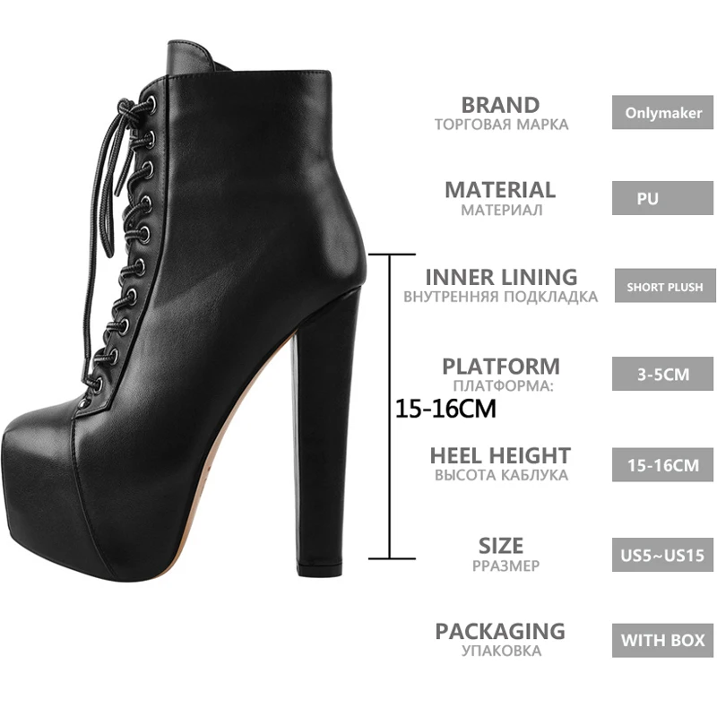 Onlymaker Women Platform High Heel Block Chunky Round Toe Lace Up Ankle Boots Black Suede Party Big Size Ankle Boots
