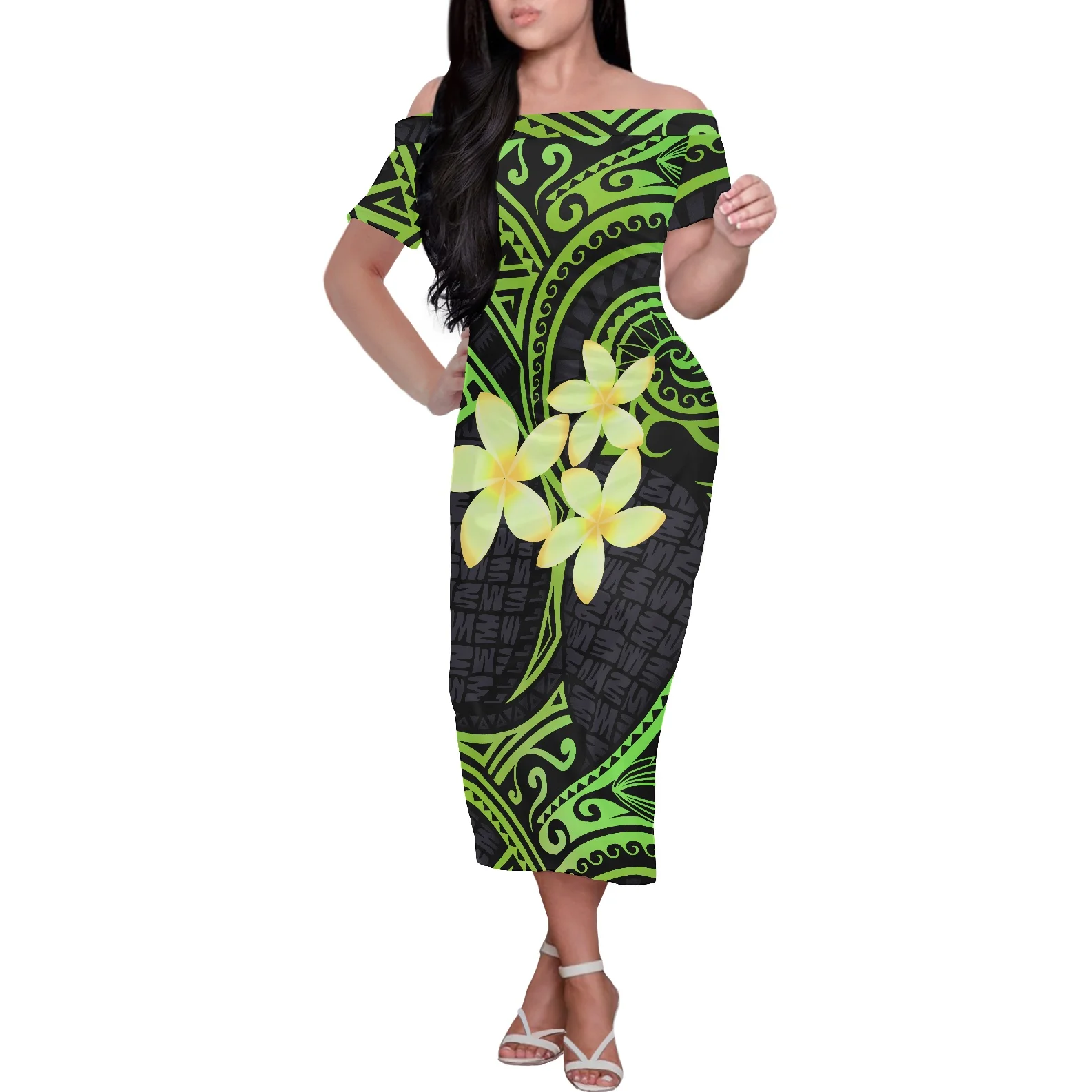 New Style Samoa Tribe Frangipani Printing Dress Off-The-Shoulder Short-Sleeved Sexy Hip-Pack Party Dress Summer Women Clothing