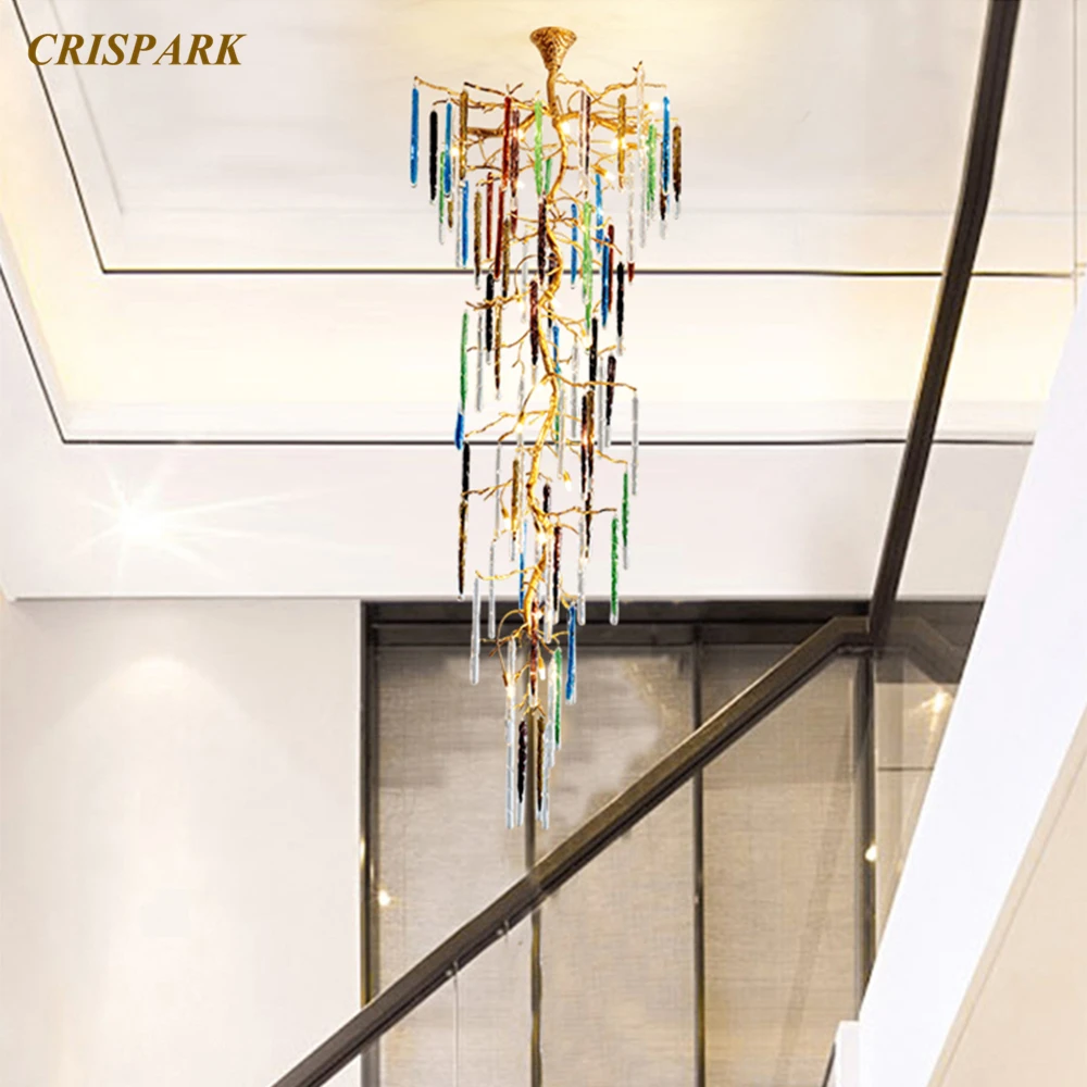 Modern Luxury Brass Chandelier Lighting LED Colored Waterdrop Chandeliers Pendant Hanging Lamp for Staircase Living Room