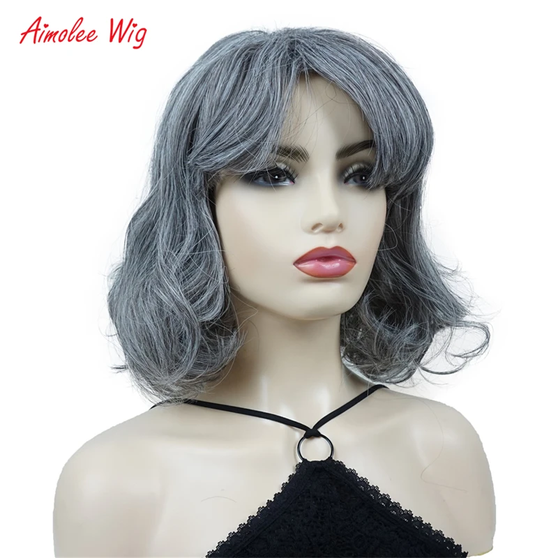 Aimolee Shoulder Length Natural Wave Gray Black Mixed Synthetic Women's Fashion Wig with Bangs